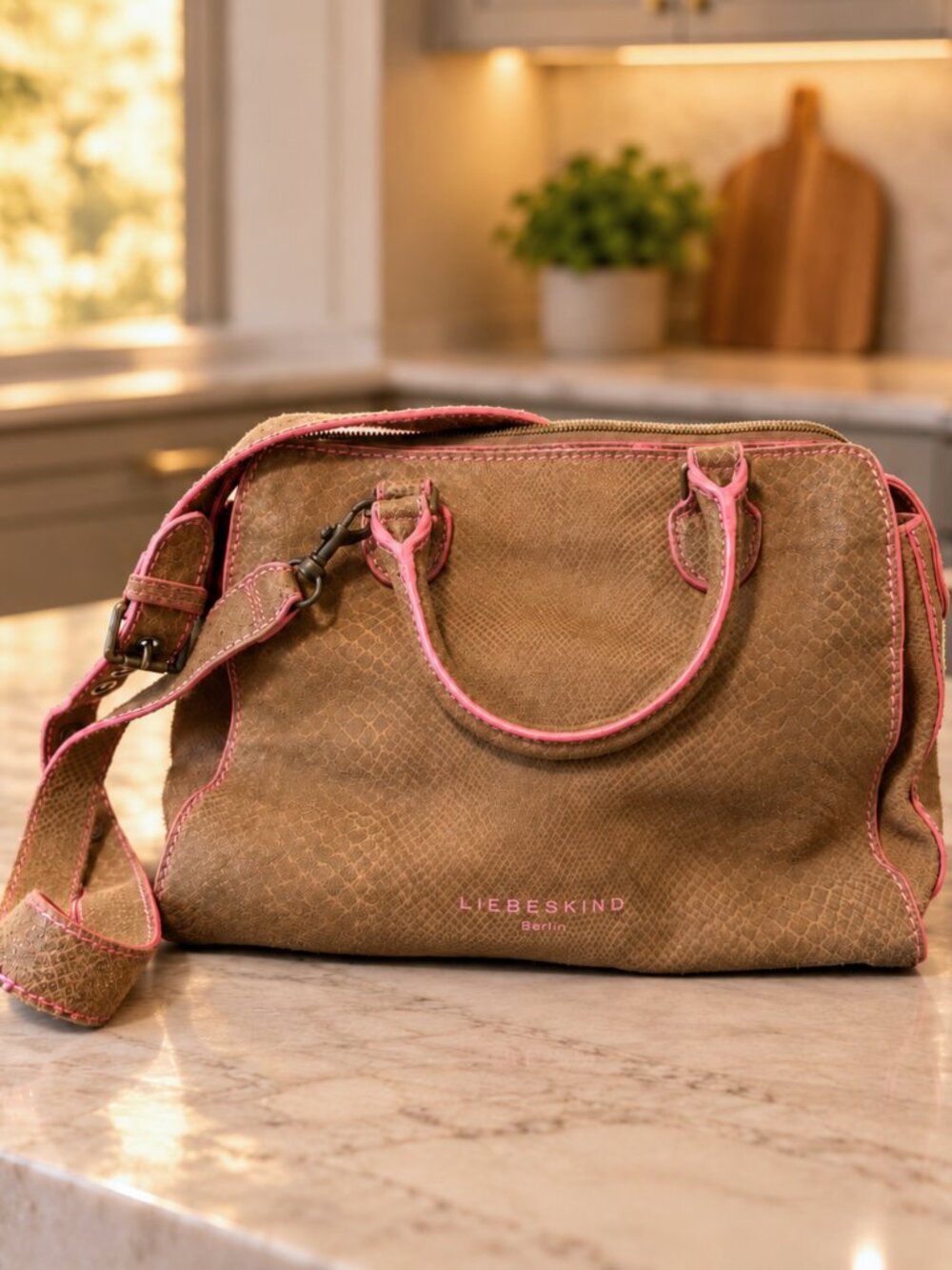 Liebeskind Berlin Brown Suede Satchel Handbag with Pink Trim